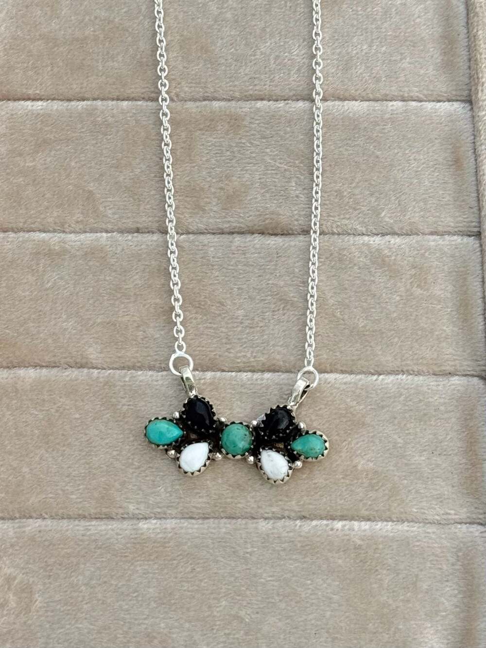 Southwest Made Sterling Silver Cluster Necklace with Turquoise and White Buffalo